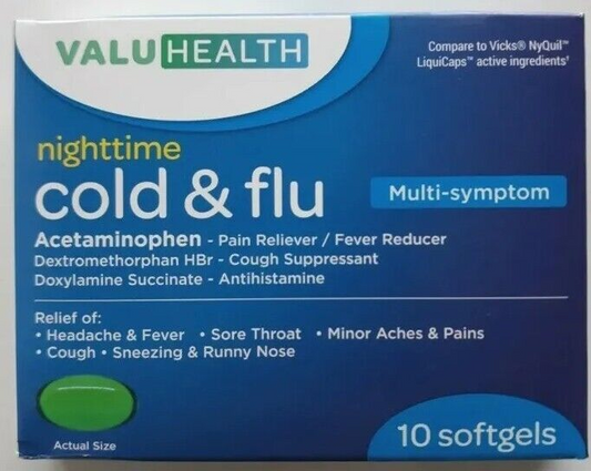 Cold Flu Relief Multi-Symptom Nighttime Liquid Capsules 10 Softgels @ www.LVScripts.com